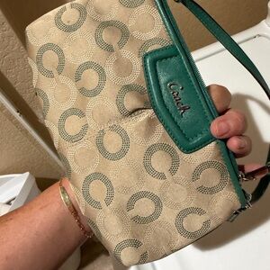 Coach Beige Canvas Wristlet with Teal Trim